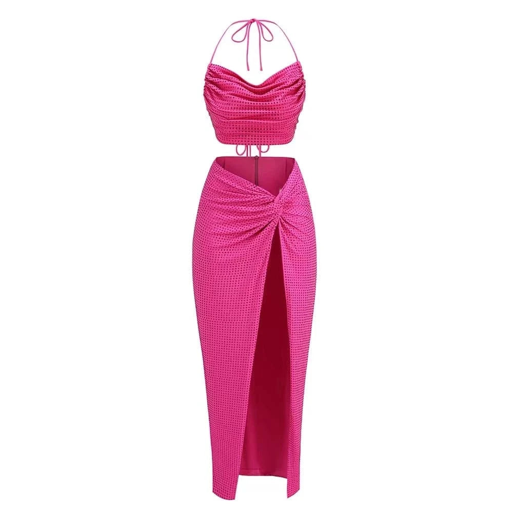 L / Rose Madder High Quality Rhinestone Design Two Pieces Sets Lace-Up Skirts Fashionable Sexy Women Elegant Ladies Club Party Dress