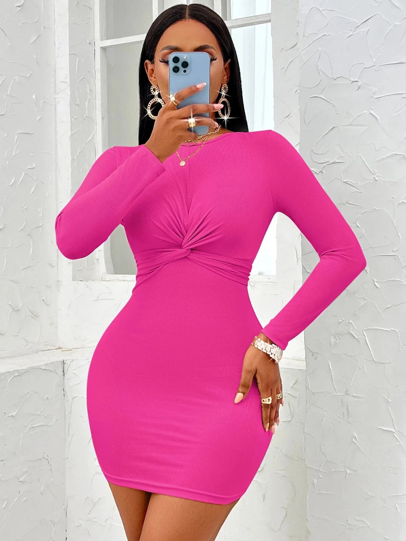 L / Rose Madder Wholesale new 2024 women's clothing ladies sexy night club casual crewneck twisted long sleeve women bodycon skirt dress