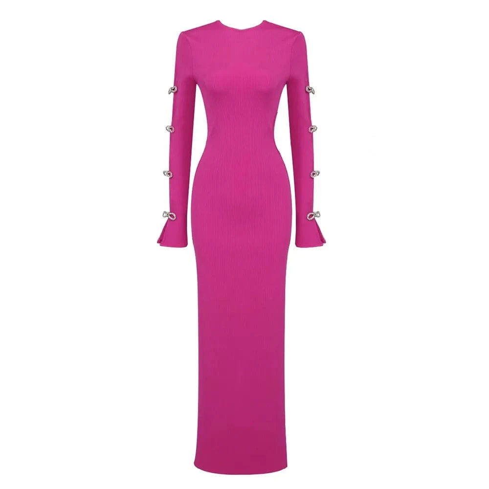 L / rose red 2024 New Trendy Evening Dress With Long Sleeves bare breast party dress sexy rose Red bodycon dresslady elegant maxi dresses