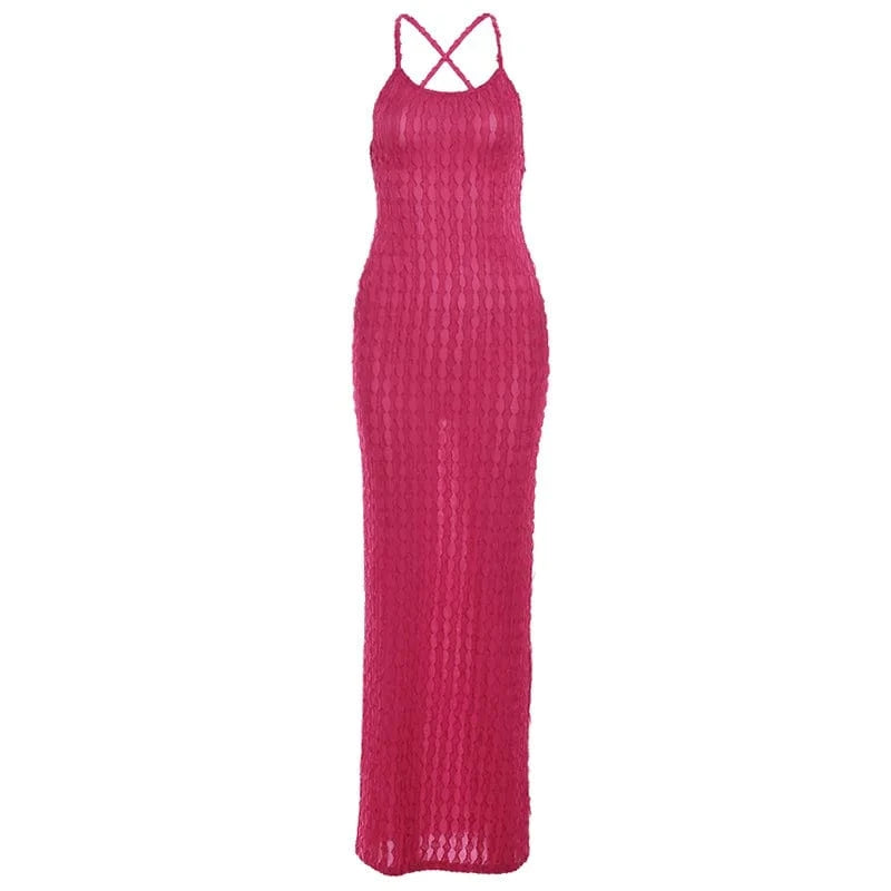 L / Rose Red Weird Puss Cross Bandage Women Maxi Dress Vestidos Backless Sleeveless Summer Sexy Elegant Party Bodycon Beach Night Club Dress