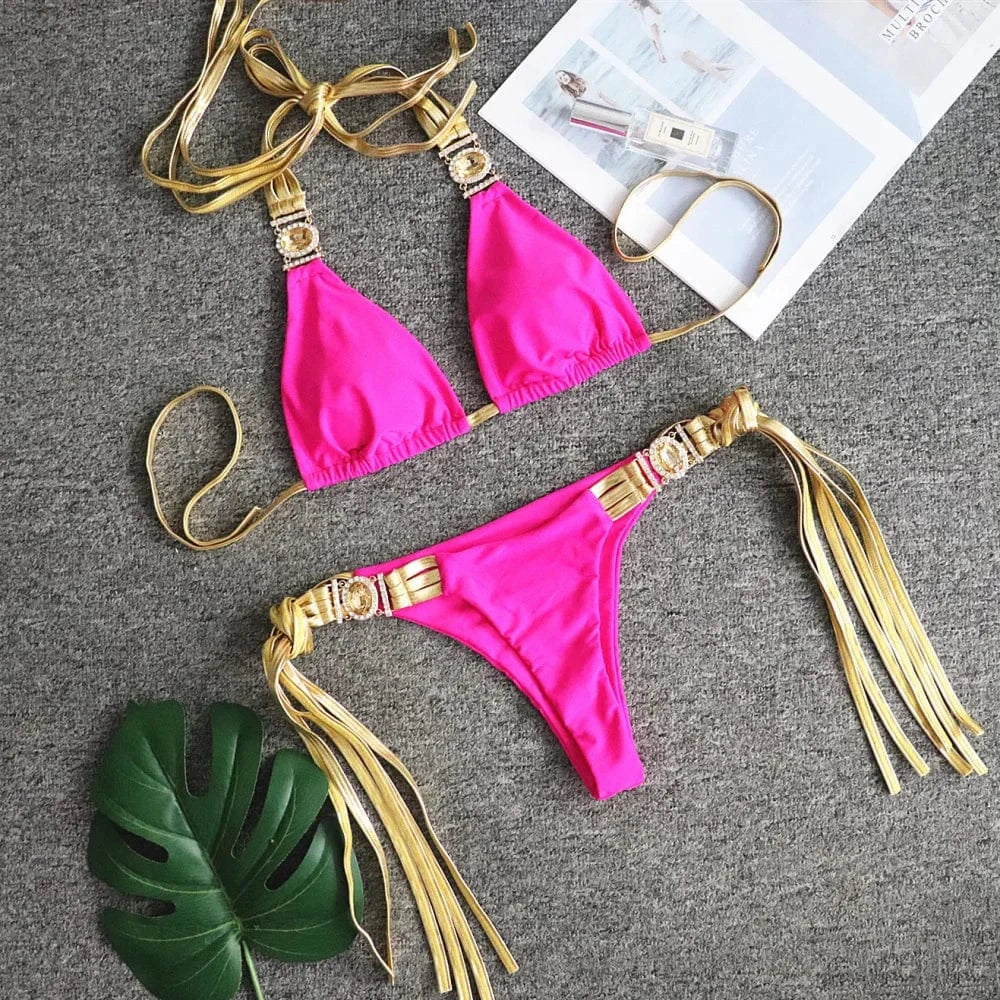 L / Rose Red Wholesale Two-piece Sexy Swimsuit New 2024 Golden Fringed Sexy Backless Bikini Tight Patchwork Crystal Diamond Swimsuit Women
