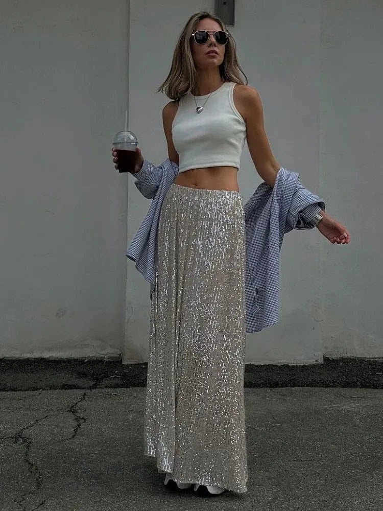 L / silver RedPeony Elastic Band Midi Long Sexy Skirt 2023 Women Sexy Club High Fashion A Line High Waisted Hippie Skirts Sequin Skirts