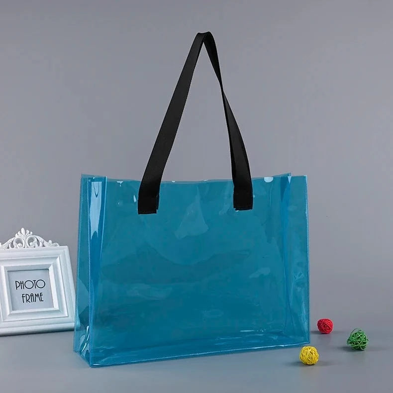 L size: 40x30x10cm(15.7x11.8x3.9") / blue ready to ship can custom logo Luxury Large Handbags Women Tote Bag Pvc Iridescent Holographic Tote Beach Bag PU ribbon handles