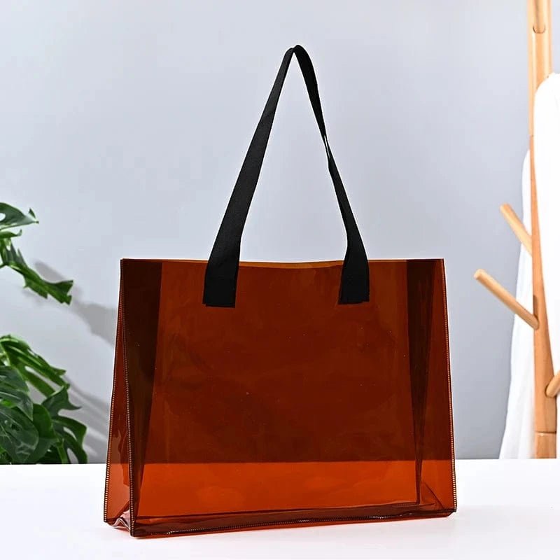 L size: 40x30x10cm(15.7x11.8x3.9") / Brown ready to ship can custom logo Luxury Large Handbags Women Tote Bag Pvc Iridescent Holographic Tote Beach Bag PU ribbon handles