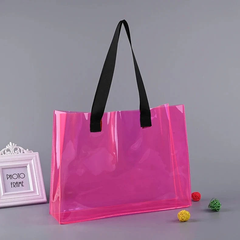 L size: 40x30x10cm(15.7x11.8x3.9") / Hot pink ready to ship can custom logo Luxury Large Handbags Women Tote Bag Pvc Iridescent Holographic Tote Beach Bag PU ribbon handles