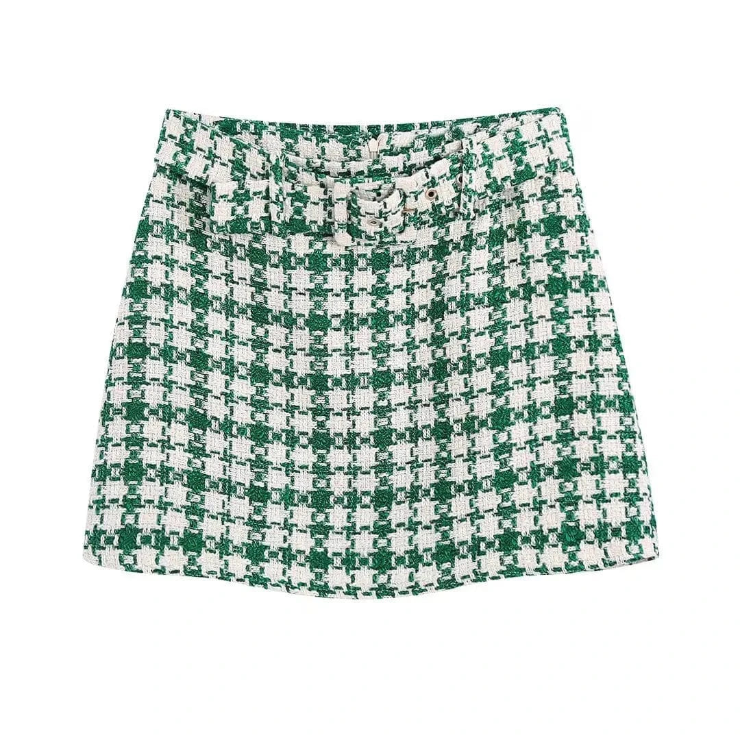 L / SKIRT 2024 Summer Women Casual Skirt Suits 2 piece Sets Plaid Veins Blazers Coats and Skirts Female Street Two pieces Clothing