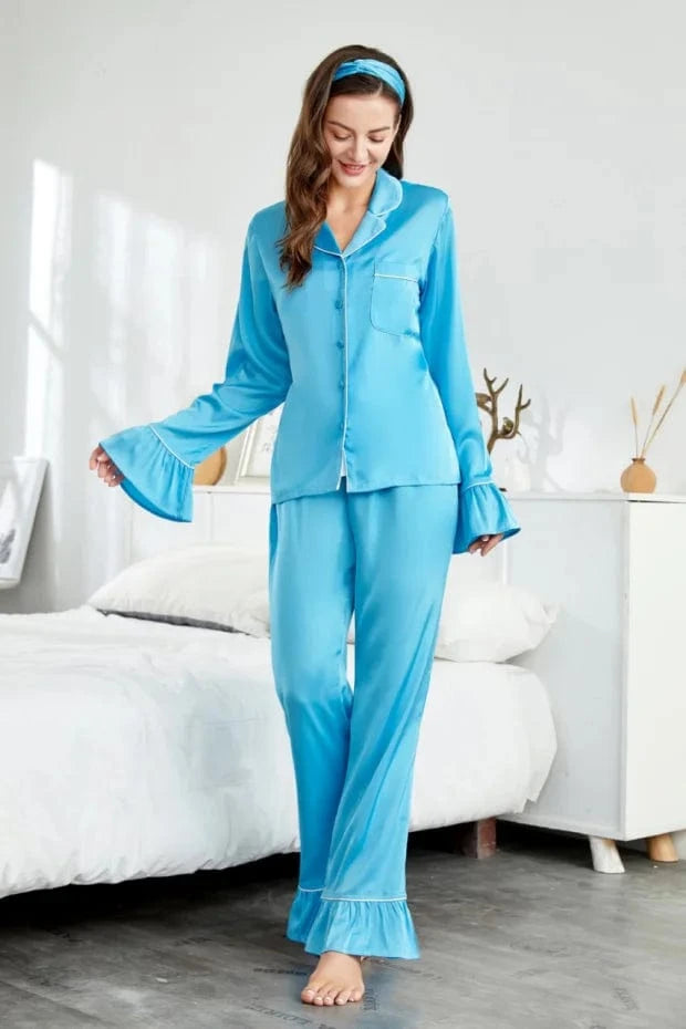 L / Sky Blue Ruffle Women'S Pajamas 2024 Summer Custom High Quality Silk Blue Ladies Pajamas With Headband Womens Blue Pajama Sets 2 Piece