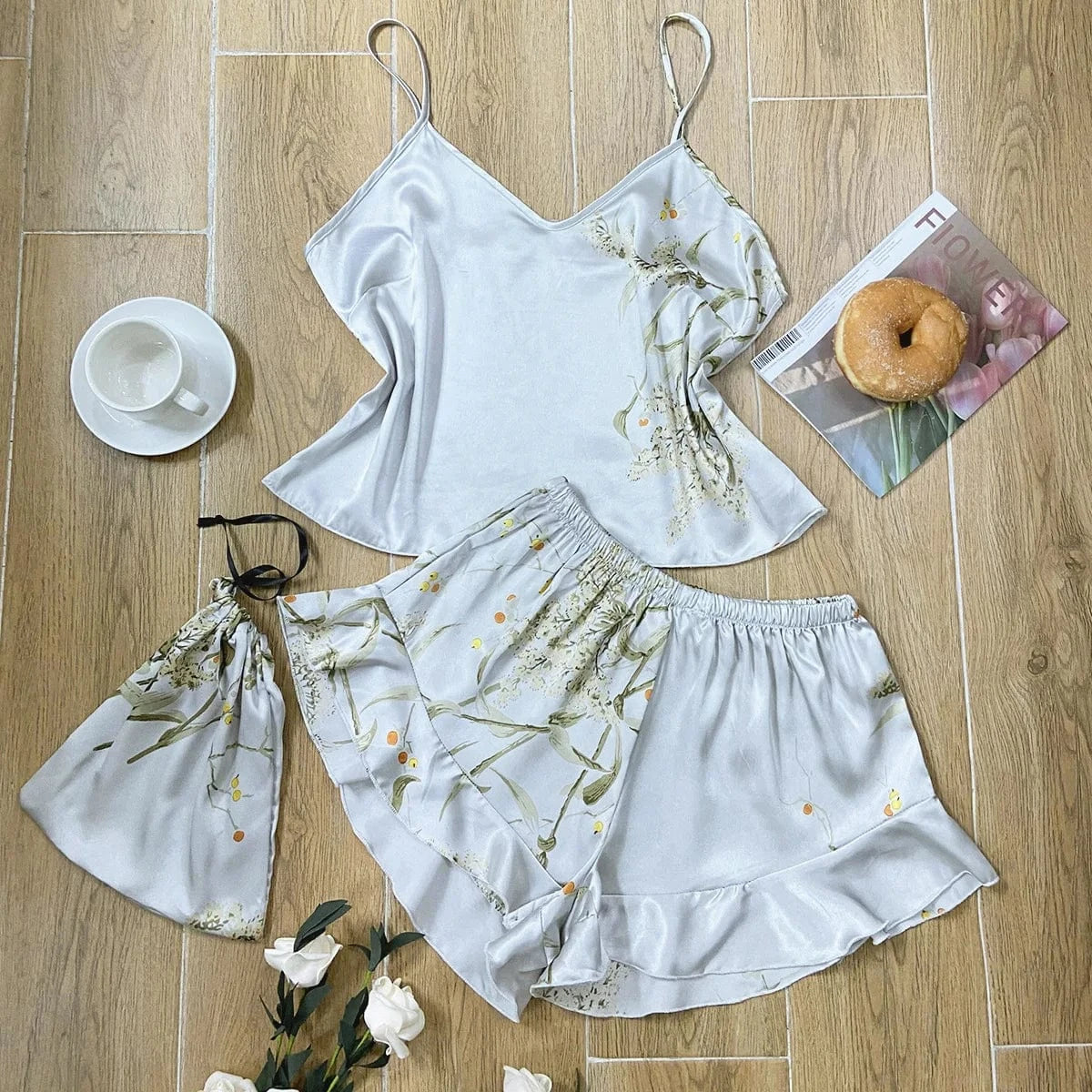 L / Sky Blue Women's Sexy Luxury Silk Satin Loungewear Camisole Sleepwear Pajamas Sets 2 Pieces Nightwear Home Suit Pajama 2024
