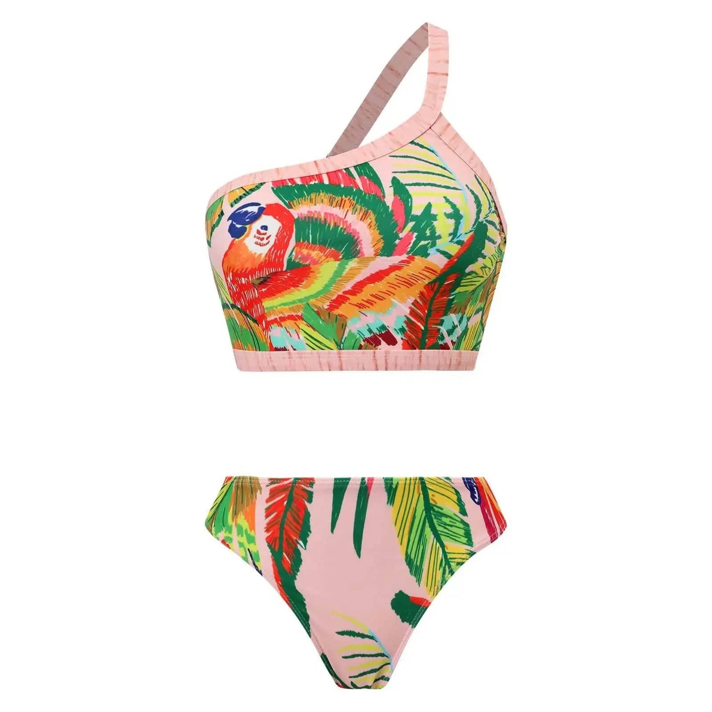 L / swimwear1 JSN 2024 New design bathing suit one shoulder swimwear mandarin duck print pattern high waist bikini with tassel sarong