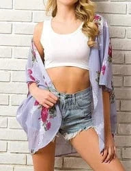 L / Violet Floral Kimono beach cover up Kimono Beach Custom Blue Casual Floral Bohemian Women Short Kimono Beach Cover Up Dress For Bikini Wrap