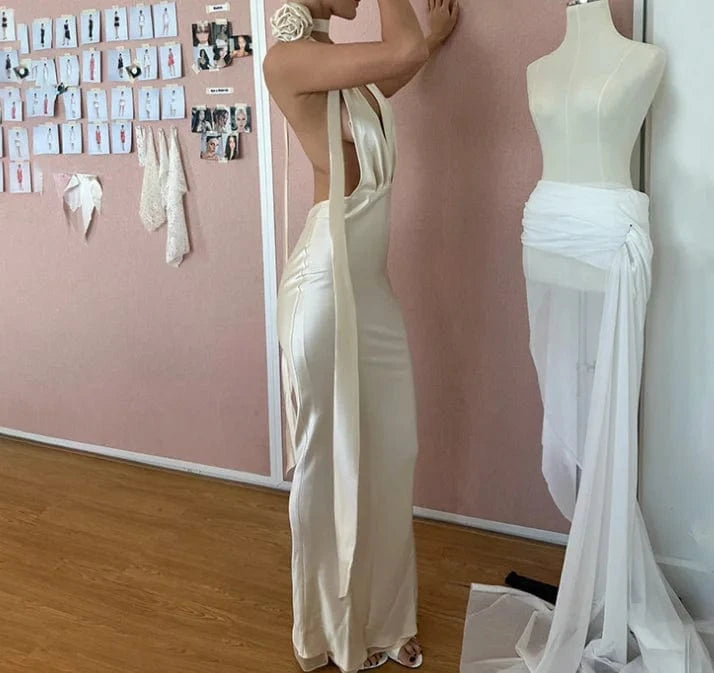 L / White 2024 elegant halter neck ladies backless dress party club wear women long pencil dress
