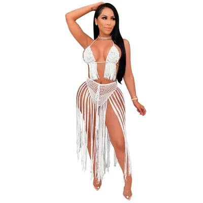 L / White 2024 fashion sexy swimsuit beachwear tassel triangle bra two piece crochet bikini set