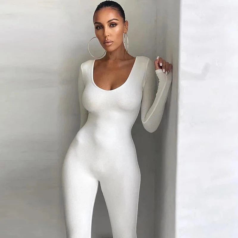 L / White 2024 Long Sleeve Slash Neck Skinny Solid Stretchy Bodycon Jumpsuits Autumn Winter Women Fashion Streetwear Outfits Romp