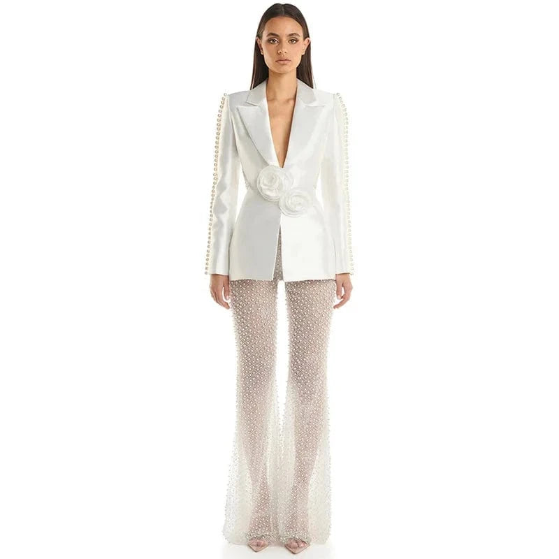 L / White 2024 Spring Lady Fine Workmanship Beading Solid Suit Long Sleeve Hollow Out Waist Blazer See-through Flared Pants Women 2Pcs