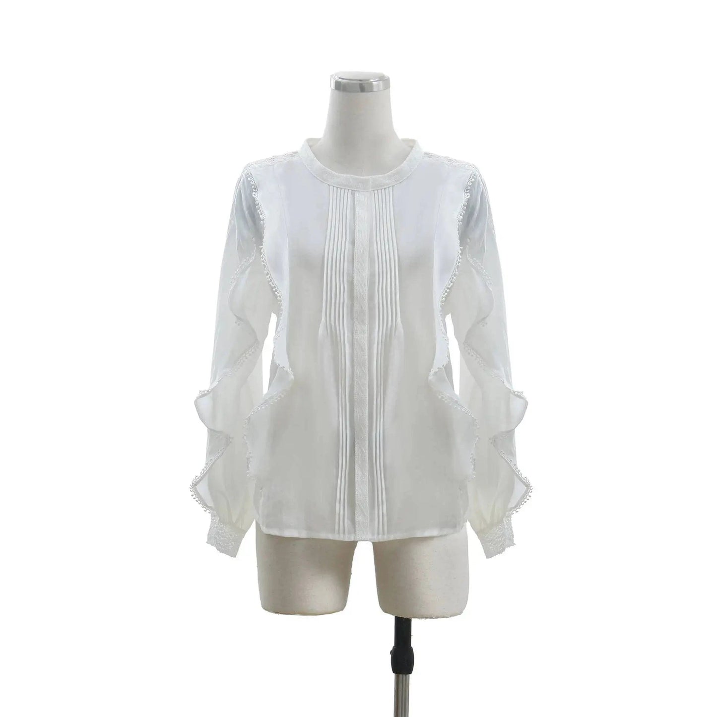 L / White 2024 White Vintage French Style Lady Elegant Ruffles Top Round Collar Long Sleeve Lace Patchwork Women Solid Blouse