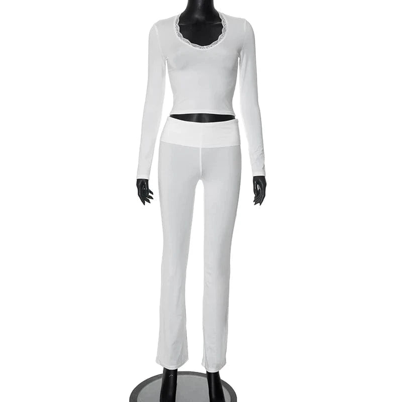 L / White Bomblook K23ST589 2024 Tweed Set Solid Outfits Elegant Loungewear V Neck Crop Top Trending Women Clothing Two Piece Pants Set