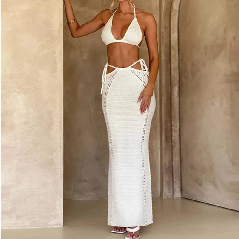 L / White GX9935 New 2024 Summer Unique Women Clothing Boutique Sexy Beach Wear Knitted Outfit Halter Bra Top and Maxi Skirt 2 Piece Set