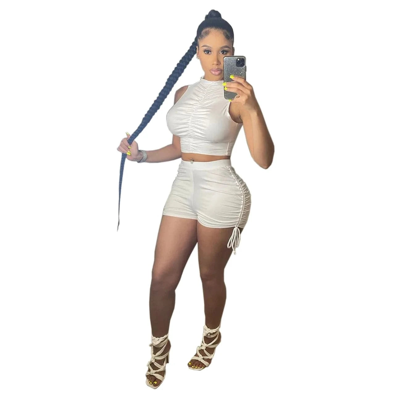 L / White Hot Sale Sleeveless Pleated Tank Top Shorts Solid Color Mid High Collar Sexy Sports Casual Women's Two Piece Shorts Set