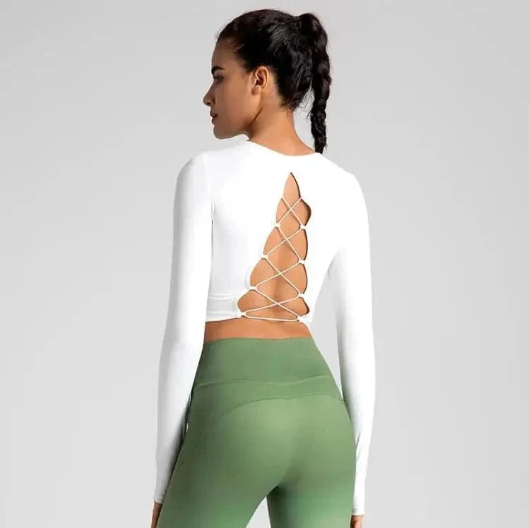 L / White Hot selling 2024 new Women Long Sleeve Stretchy Soft Cropped Hollow Back Fitness T Shirt