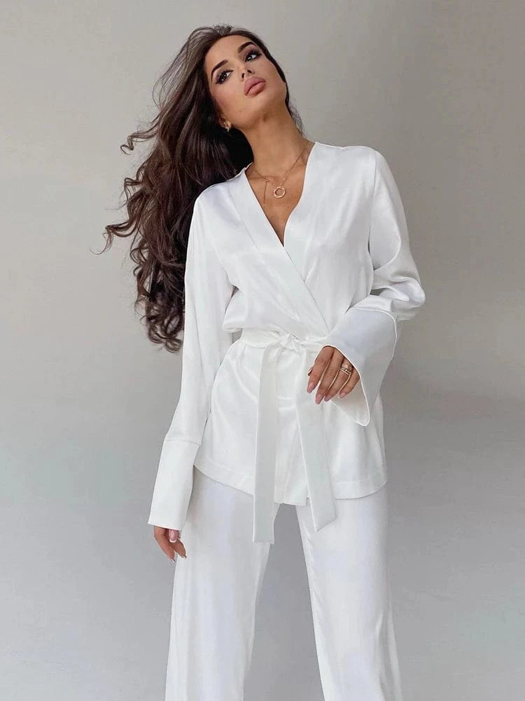 L / White Ice Silk Printed Fashion Pyjamas 2024 Spring New Long Sleeved Women Home Suit Loose Kimono Robe Sets Satin Pajamas With Pants