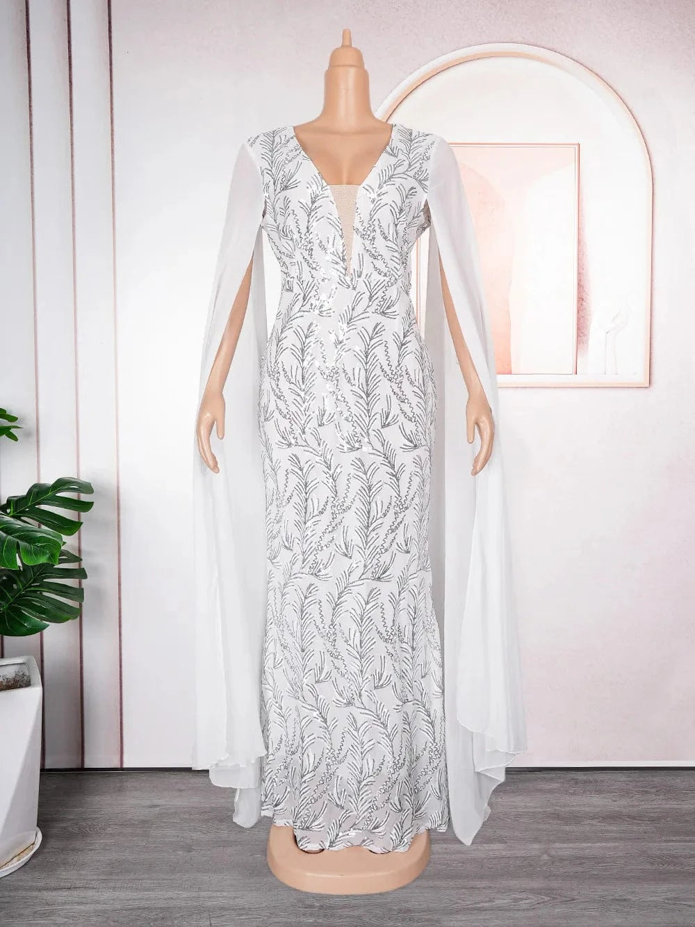 L / White L-3XL Plus Size African Party Dresses Dashiki Ankara Sequin Wedding Evening Gown Sexy Bodycon Maxi Long Dress Africa Clothes