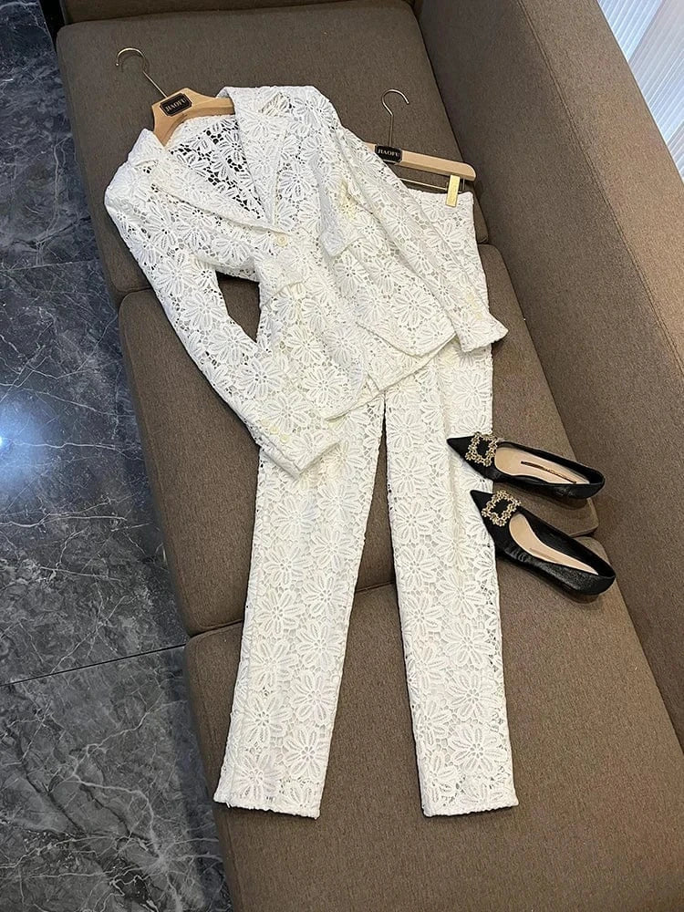 L / White Lady Delicacy White Fine Workmanship Lace Office Suit Single Button Blazer Pencil Pants Women Solid 2pcs
