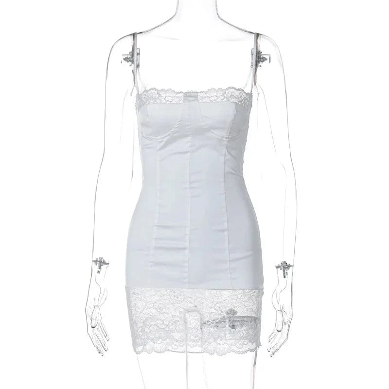 L / White Liu Ming Valentines Day Gift 2024 Spring Women Sexy Spaghetti Shoulder Strap Sleeveless White Satin Lace Patchwork Mini Dress