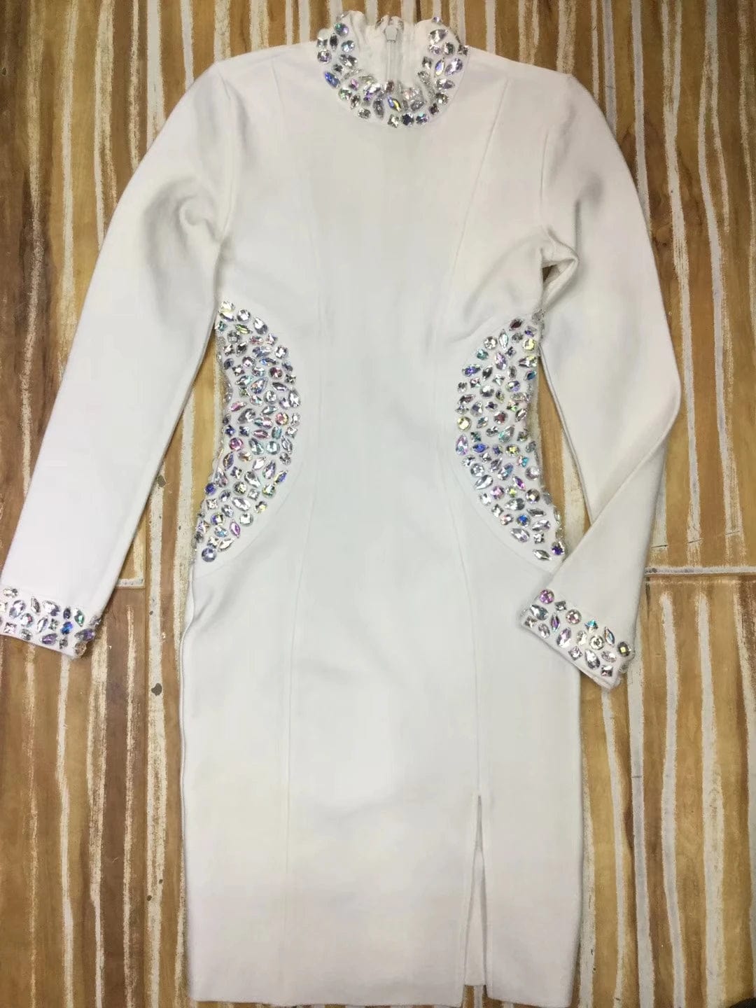 L / White New White Long Sleeve Beading Women Celebrity Evening Party Clubwear Bodycon Dress