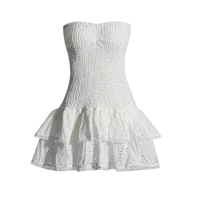 L / White OUDINA 2024 New Summer Sweet Tube Dress Slimming Embroidered Hollow Ruffle Short Dress For Women