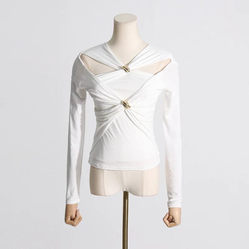 L / White OUDINA 2024 Spring New Style Women's Tight Top Long Sleeve Hollow Twist Design Versatile Slim Female Tops And T-shirt