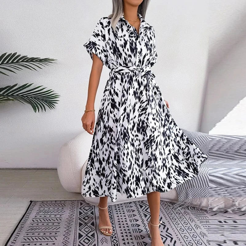 L / White Shirts Dresses Women Casual Fashion Leopard Printing Vintage Elegant Short Sleeve Midi Dress Lace-up Street White Pink Vestidos