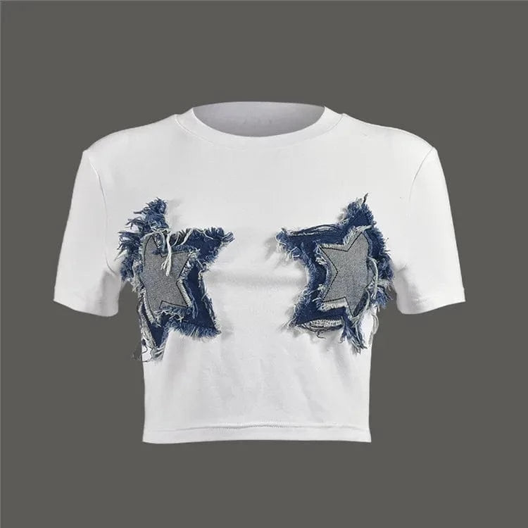 L / White / Spandex / Cotton Women's Summer Crop Tops American Short Sleeve Crewneck Star Patch Short T-shirt Casual Basic Slim Tees