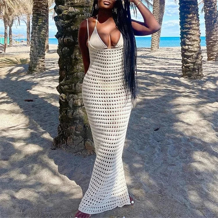 L / White Women Sexy Transparent Hollow Out Crochet Bikini Cover Up Long Sleeve Beachwear Bathing Suits Dress