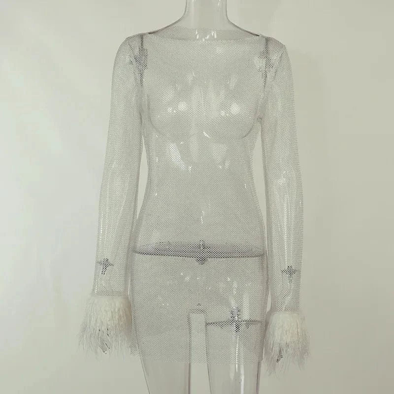 L / White Y2K Ladies sexy club nightdress mesh dress long-sleeved see through dress with feather autumn boutique women's clothing
