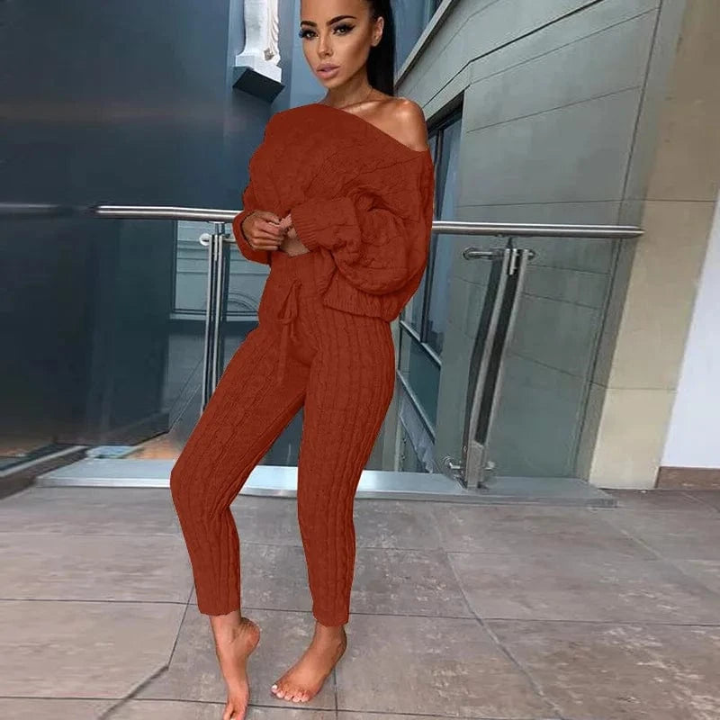 L / wine red Women's Casual Knit 2 Piece Sets Autumn Winter Outfit Long Sleeve Sweater Pullover Crop Top and Pants Female Sexy Set
