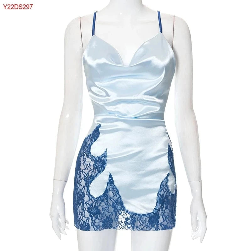 L / Y22DS297 Blue Bomblook Y22DS297 Casual Wear Backless Satin Mesh Patchwork Sexy Dresses Women 2024