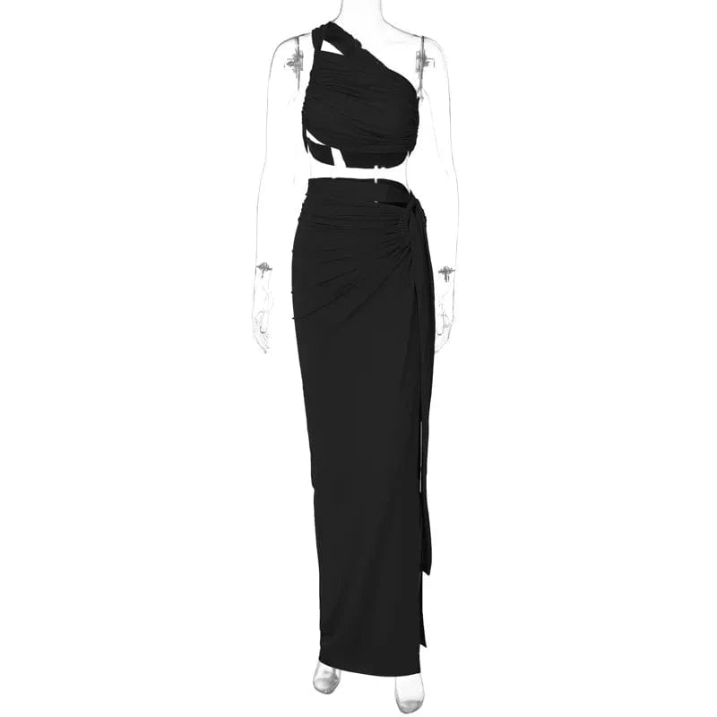 L / Y305ST Black Bomblook Y305ST Elegant Outfits Irregular Ruched Top Two Piece Set With Maxi Slit Skirt Women Sets Women Slim Two Piece Set
