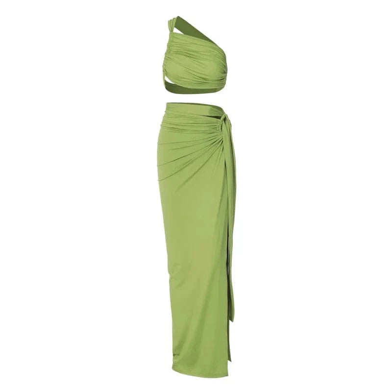 L / Y305ST green Bomblook Y305ST Elegant Outfits Irregular Ruched Top Two Piece Set With Maxi Slit Skirt Women Sets Women Slim Two Piece Set