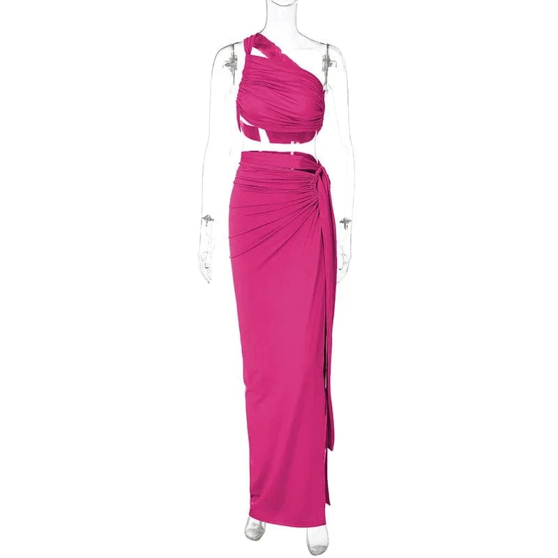 L / Y305ST rose red Bomblook Y305ST Elegant Outfits Irregular Ruched Top Two Piece Set With Maxi Slit Skirt Women Sets Women Slim Two Piece Set