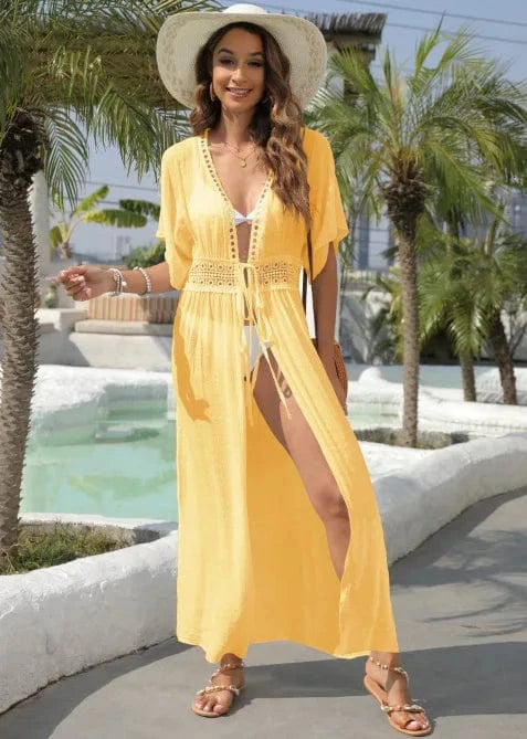 L / Yellow 2024 Bohemian Bikini Cover-ups Retro Self Belted Women Long Kimono Dress Beach Wear Lace contrast Cover Up Manufacturer