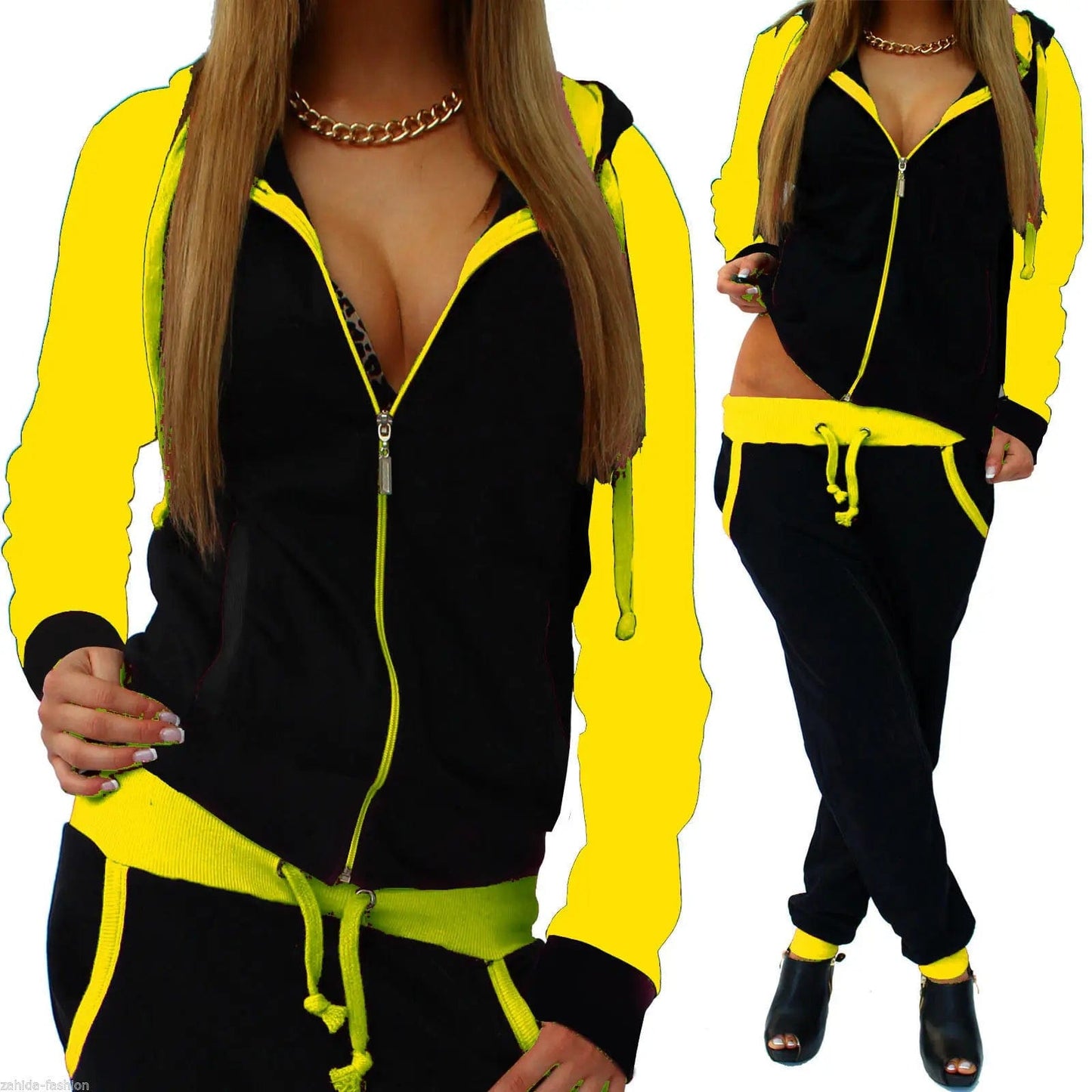 L / Yellow Fall Wholesale Femme Wear Sets Zipper Hoodie Tracksuit Long Sleeve Two Piece Track Jogging Suits Women