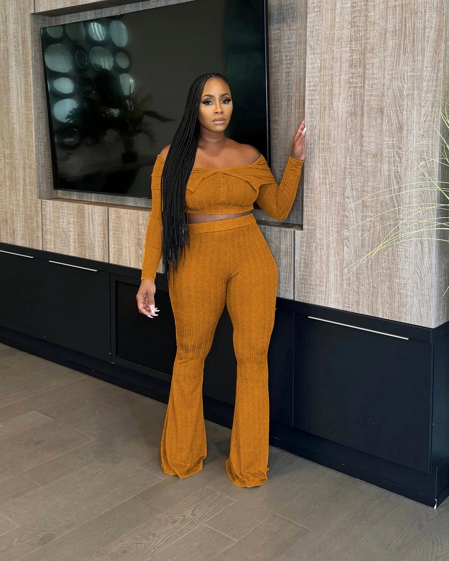 L / Yellow Fall Winter 2024 Women Clothes Solid Color Knitted 2 Piece Set Fashion Long Sleeve Crop Top and Flared Pants Woman Outfit