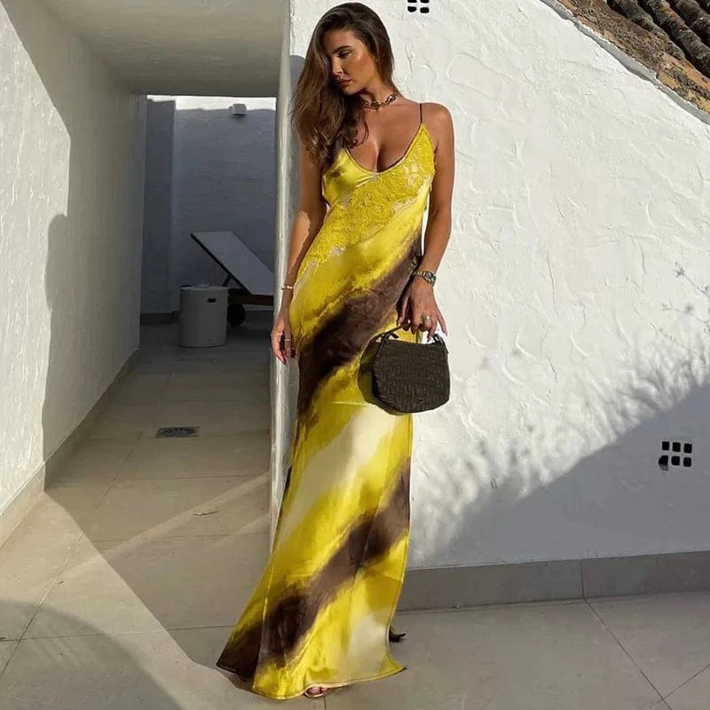 L / Yellow J&H 2024 Print Slit Lace Splicing Spaghetti Strap Midi Dress Sexy Vacation Y2K Sropshipping New Spring Casual Clothing