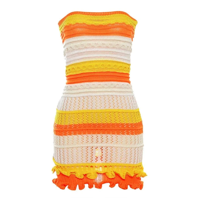 L / Yellow Knit Women Tube Dress Elegant Summer Patchwork Striped Ruffles Hem Skinny Stretch Bodycon Clubwear Sexy Night Club Short Dress
