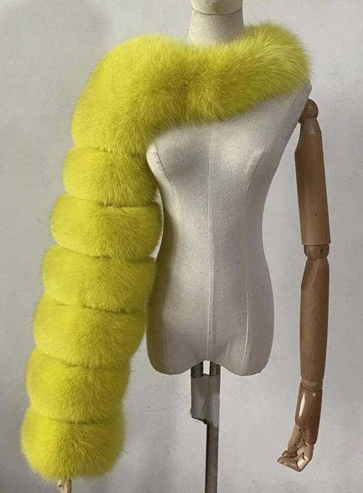 L / Yellow Liu Ming New Arrivals Women Faux Fox Fur One Sleeve Fashion Luxury Lady Winter Fur Warm Plus Size Coats