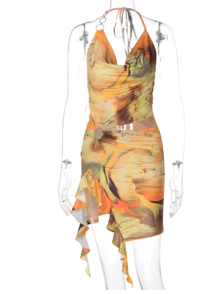 L / Yellow Liu Ming New Wholesale Women Sexy Halter Neck Backless Print Sleeveless Night Club Mini Dress