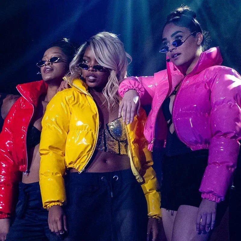 L / Yellow Women Winter Warm Shiny Puffer Long Sleeve Solid Zipper Cropped Bubble puff jacket Coats