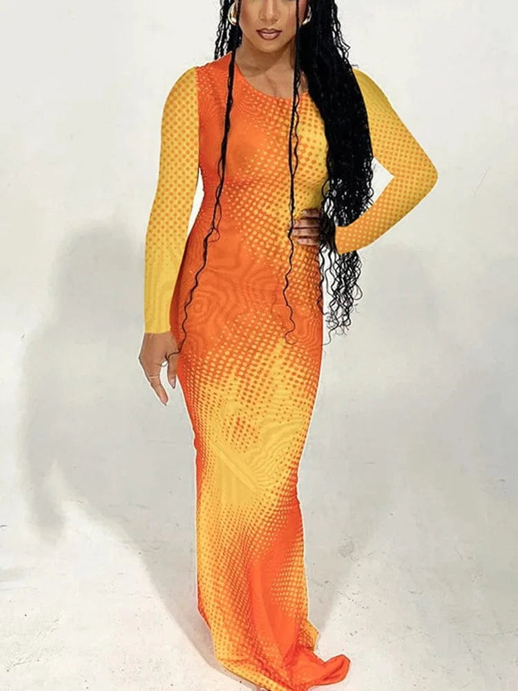 L / Yellow ZHEZHE 2024 New Arrival Wholesale Long Dresses Women Long Sleeves Mermaid Evening Print Outfits Elegant Bodycon Dresses Women