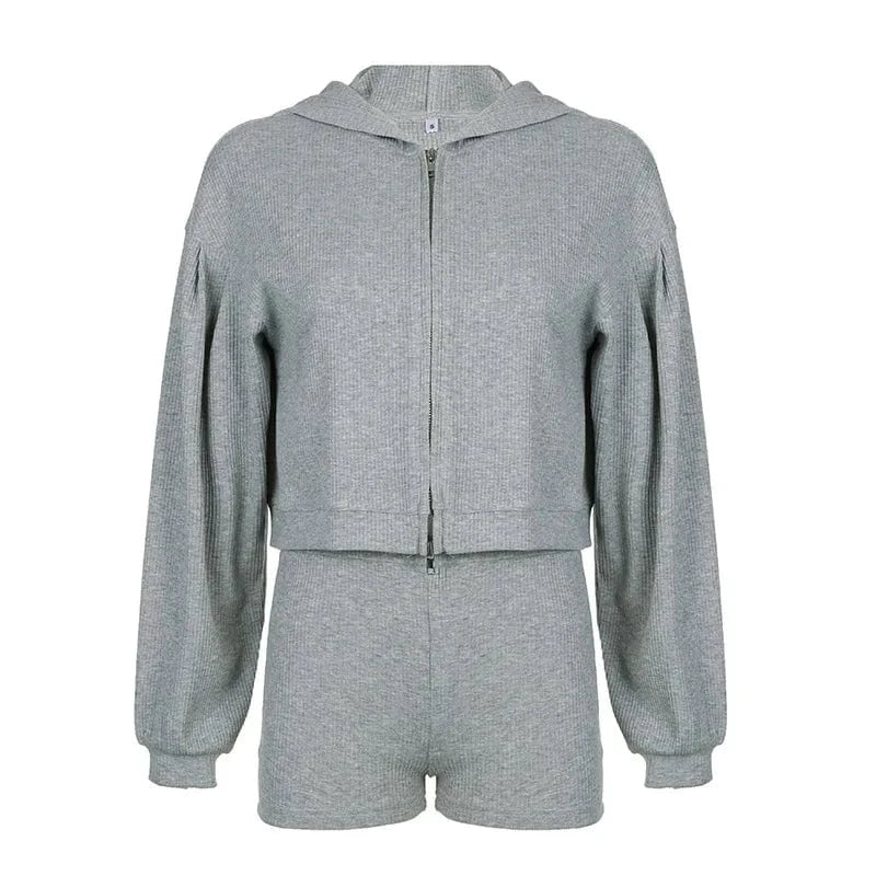L / Z910ST06 Gray Bomblook Z910ST06 Solid Color Knitted Zipper Hooded Sweatshirt+V-neck Bra+High Waisted Tight Shorts Casual Three Piece Set Women