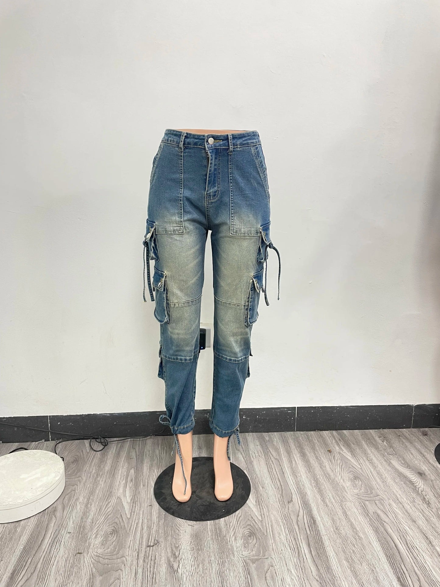 L059 Retro Low-Rise Zipper Cargo Stretch Jeans Washed Distressed Casual Style Denim Cotton Polyester Skinny Fit Colored Waist